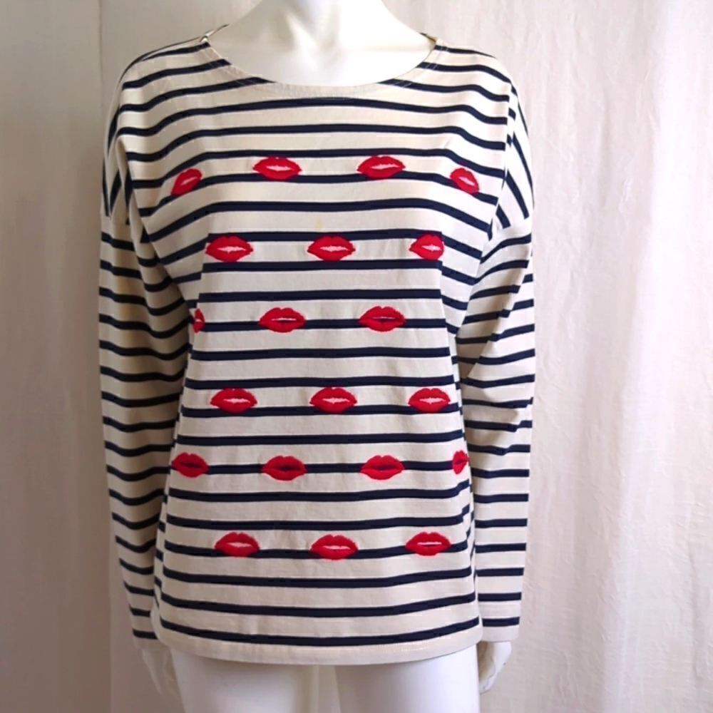 J Crew Top Size M Navy and White Stripe Embroidered Red Lips Kisses